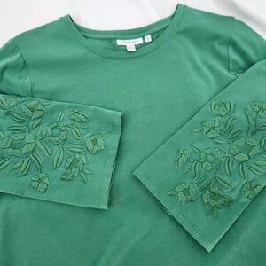 Chicos Green Floral Embroidered Bell Sleeve Top Womens XL Boho Indie Forest